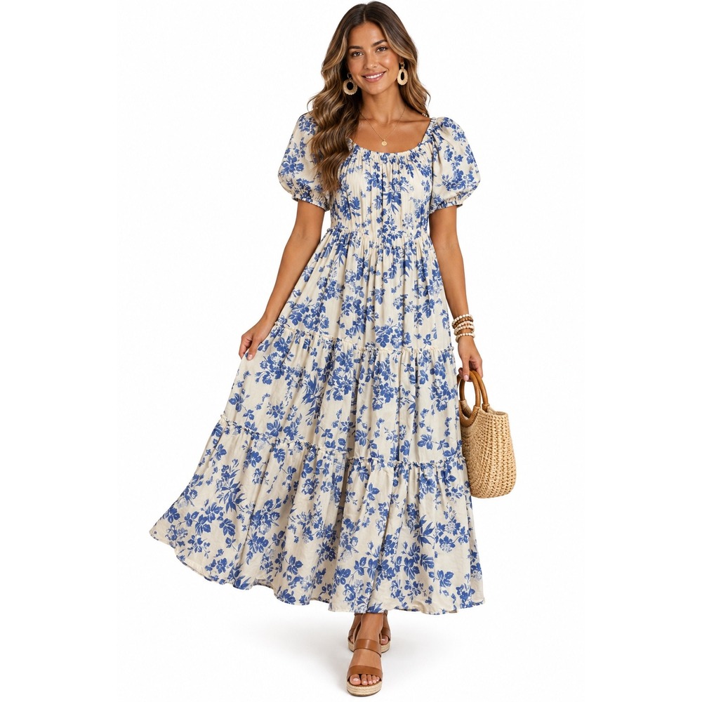 Zoco Daymaker Blue Floral Toile Tiered Cotton Maxi Dress Pockets S Prairie
